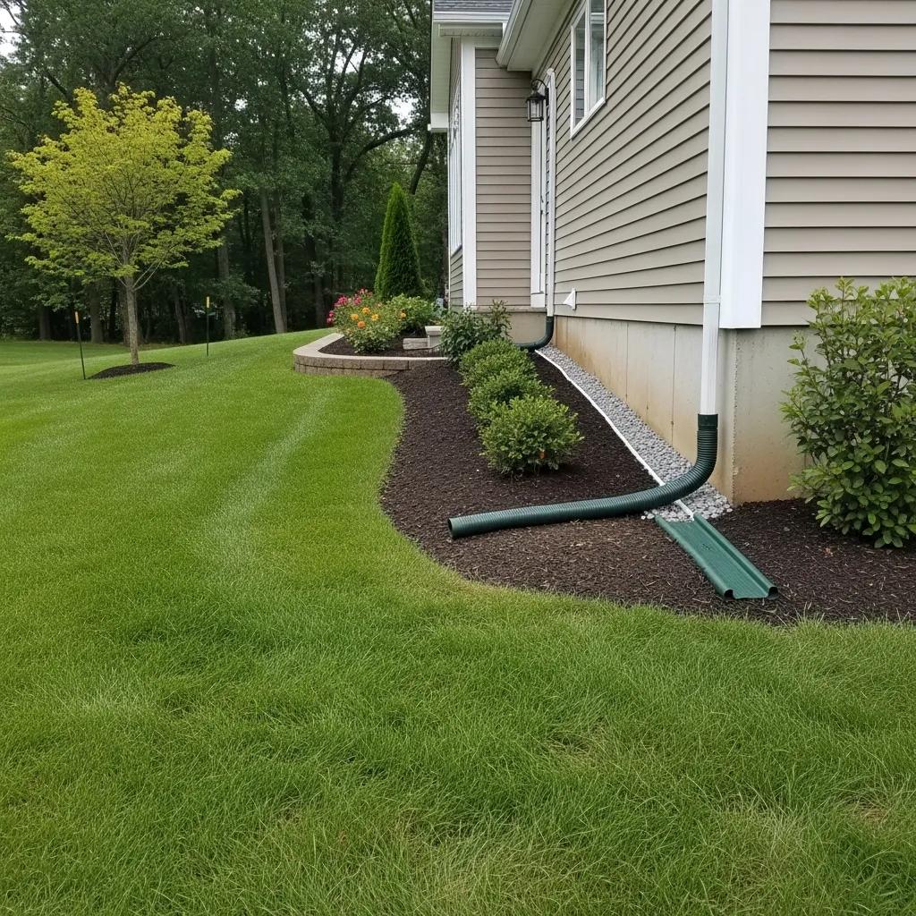 Well graded landscape with french drains and gutters around a foundation illustrating prevention of tie rod leaks | effective basement solution