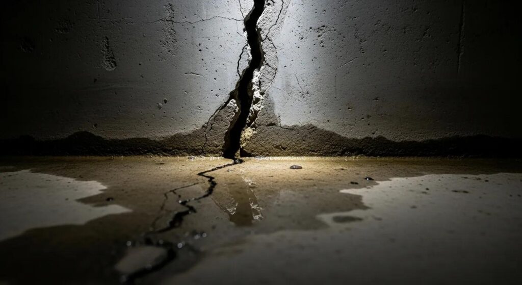 7e96ad80f2bc40078a7b1b5922c94c1cwebp | Effective Basement Solutions Close up showing foundation wall cracks with pooled water indicating repair is needed | effective basement solutions