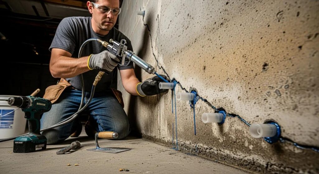 Eaf0ceb08407486fac07dae6d02e9417webp | Effective Basement Solution Technician repairing foundation cracks with epoxy injections highlighting effective repair techniques | effective basement solution