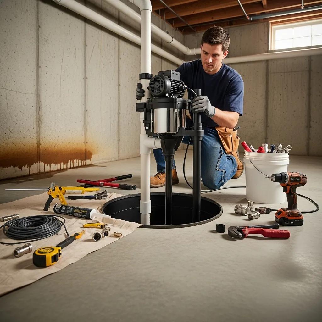 Technicianinstallingasumppumpinabasement2502a7dfc981487693ddf4f14064f415webp | Effective Basement Solutions Technician installing a sump pump in a basement | effective basement solutions