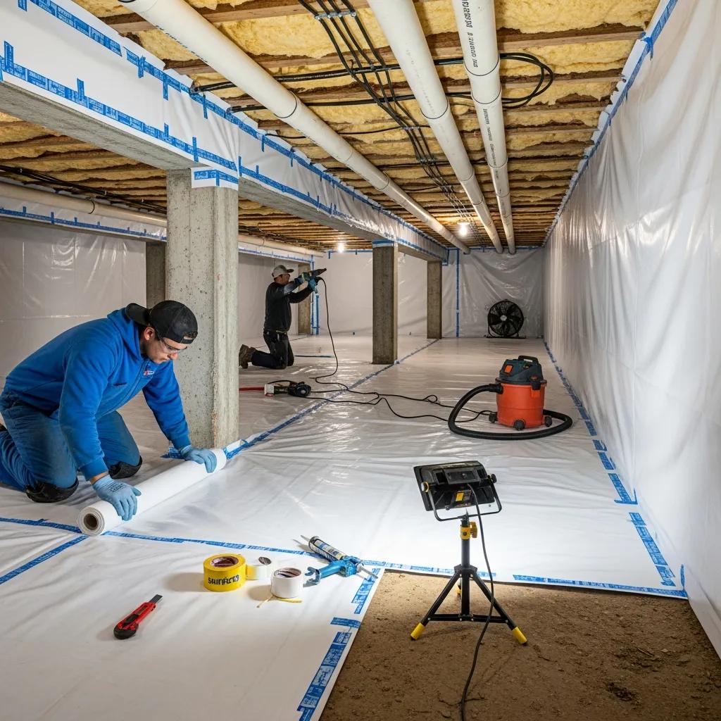 Crawlspaceencapsulationprocesswithvaporbarrierinstallationformoisturecontrolb40589b6235d4f46947612312c9d7efcwebp | Effective Basement Solutions Crawl space encapsulation process with vapor barrier installation for moisture control | effective basement solutions