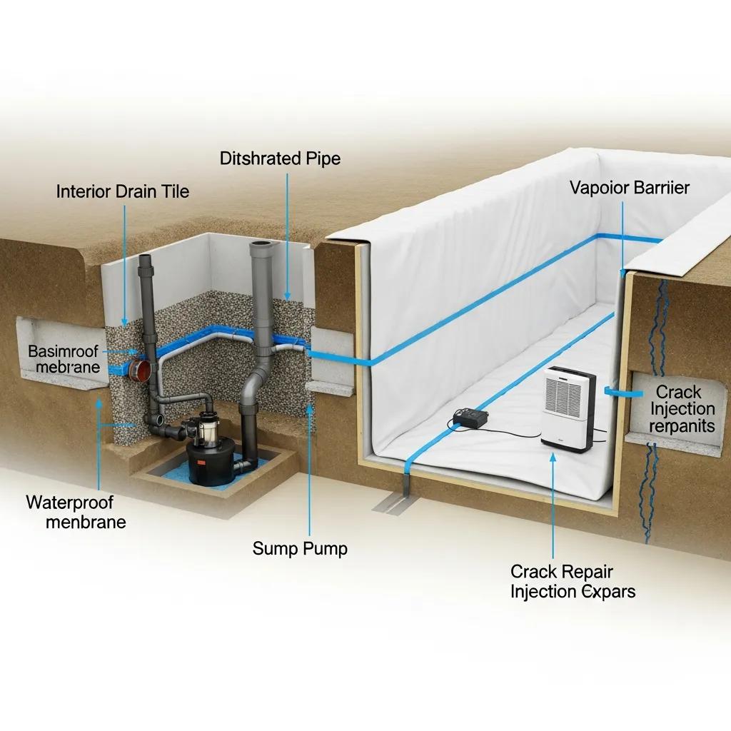 Different basement waterproofing solutions including sump pumps and drain tiles in a residential setting | effective basement solutions | effective basement solutions