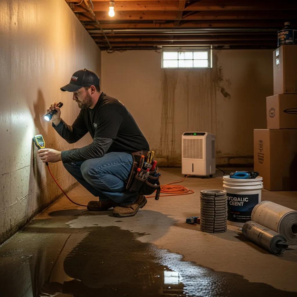 Professionalbasementwaterproofingservicetechnicianinspectingawetbasementbde1b35832cd484692aa854333cde614webp | Effective Basement Solutions Professional technician inspecting wet basement with moisture meter, tools in utility belt, and dehumidifier nearby, emphasizing basement waterproofing services in Summit, NJ.