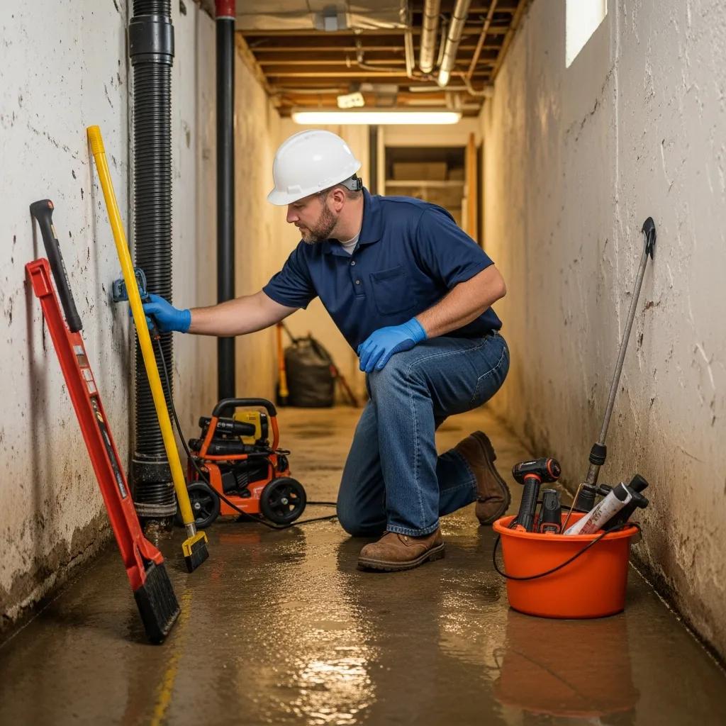 Professional basement waterproofing technician inspecting a wet basement for moisture issues