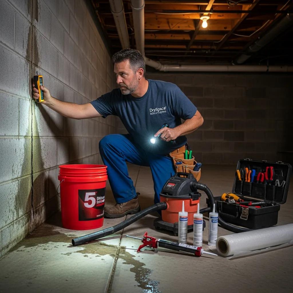 Professionalcontractorinspectingawetbasementforwaterproofingsolutions001a942bc8e24352b699654119217e3dwebp | Effective Basement Solutions Professional contractor inspecting a wet basement wall for waterproofing solutions, with tools, a vacuum, and a bucket present, emphasizing basement waterproofing services in Cranford, NJ.