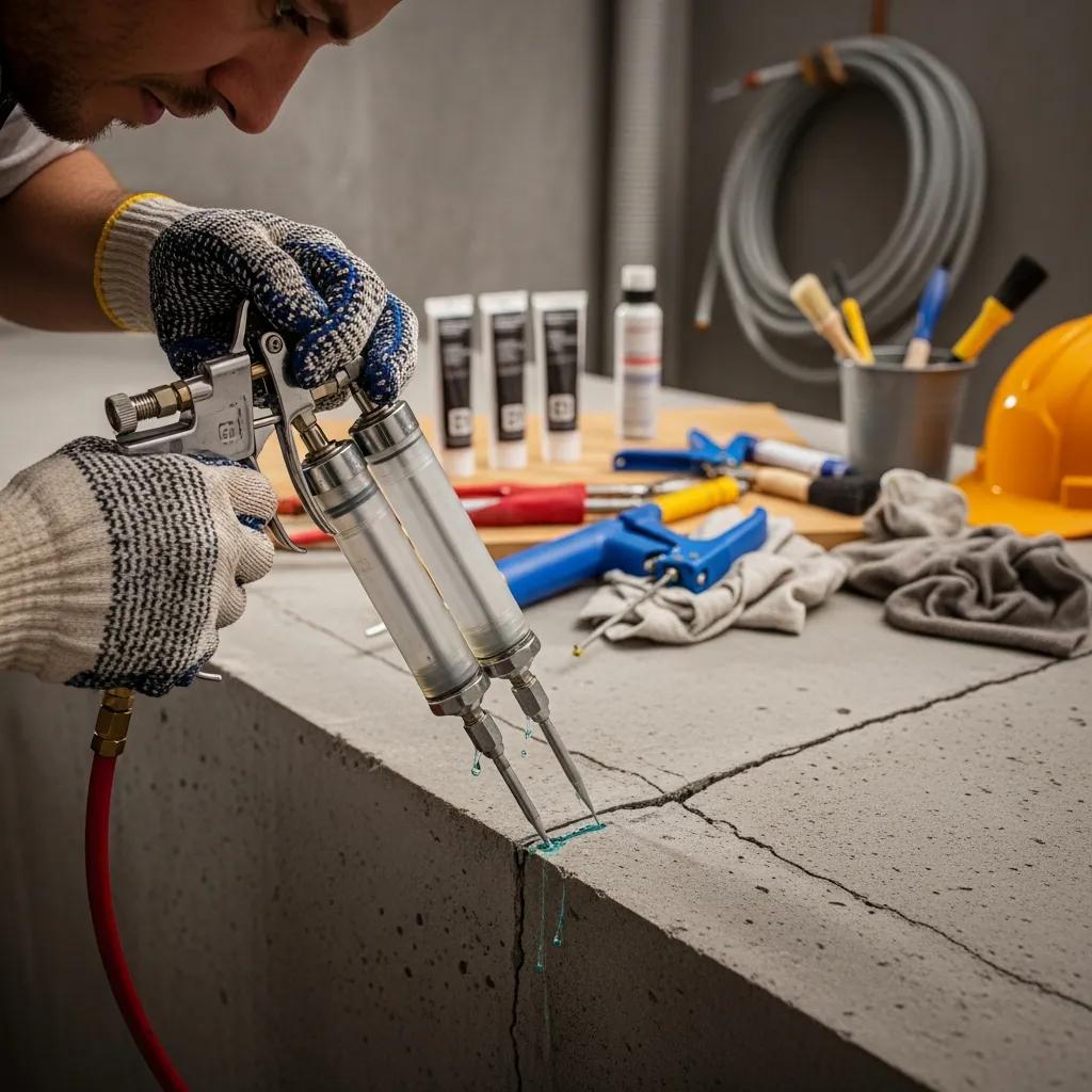 technician-applying-epoxy-injections-for-foundation-waterproofing-6a9e6de8-1979-4be6-af55-fadcd5fb01f2webp Technician applying epoxy injections into concrete cracks for foundation waterproofing, with tools and materials visible in the background.