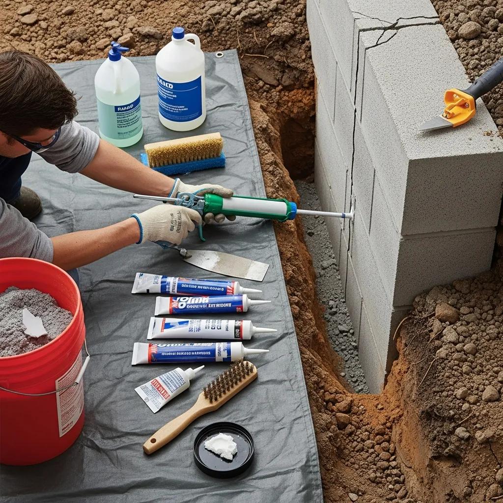 Technician applying sealant to a foundation crack during the repair process | effective basement solutions | effective basement solutions