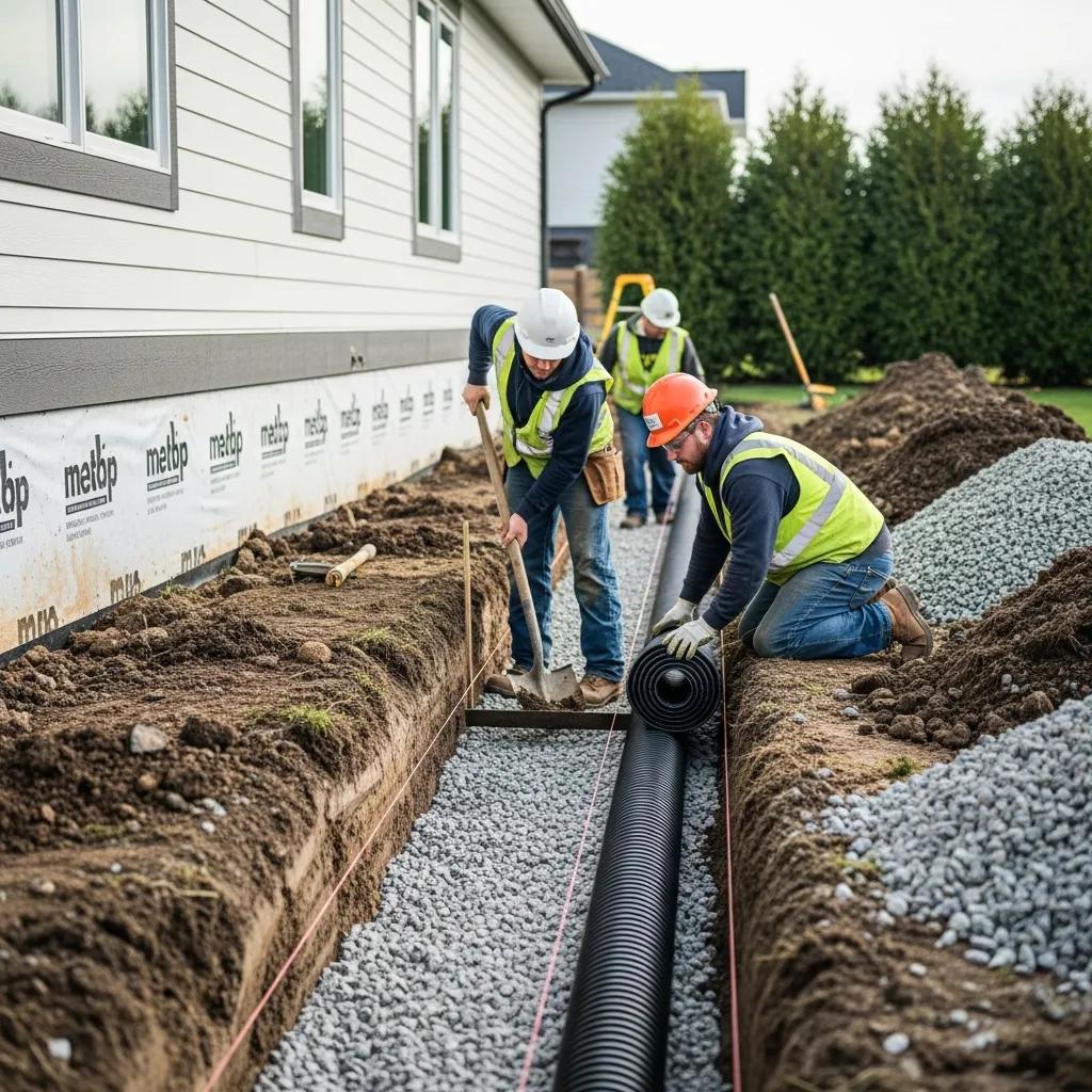 Workersinstallingafrenchdrainsystemaroundahomesfoundationd825519f375d4bbf955af3dc7c09818fwebp | Effective Basement Solutions Workers installing a french drain system around a homes foundation | effective basement solutions