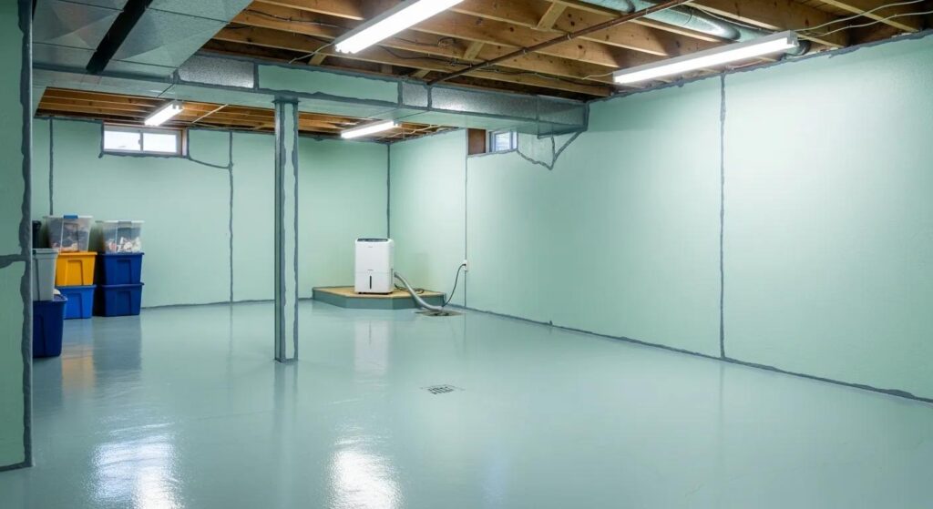 Basement with dehumidifier and sealed surfaces to prevent mold growth | effective basement solutions