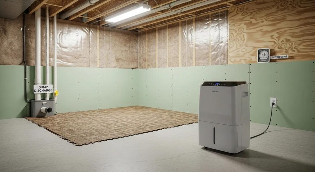 Interior basement with sump pump discharge system, dehumidifier for moisture control, and water-resistant flooring, illustrating effective waterproofing solutions.