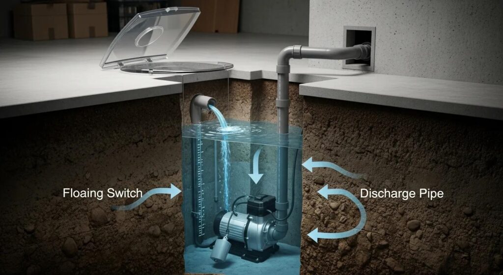 Installed sump pump in a basement sump pit illustrating how water is removed to prevent flooding | effective basement solutions