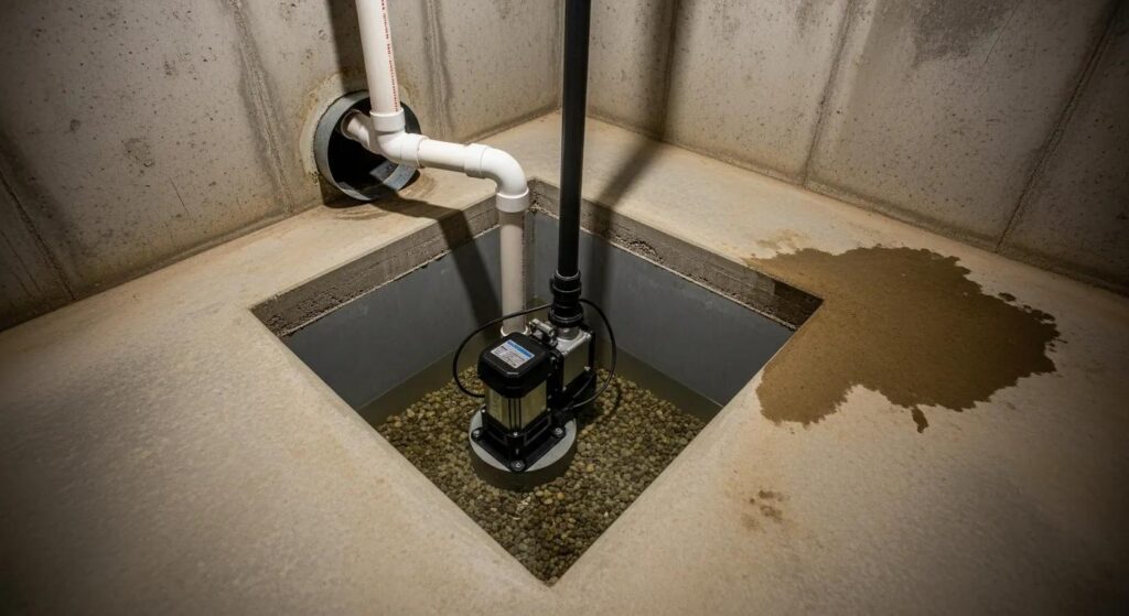 Installed sump pump in a basement sump pit preventing water accumulation and floods | effective basement solutions