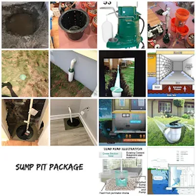 Sump pit package components including sump pump, drainage pipes, installation diagrams, and various parts for effective basement waterproofing solutions.