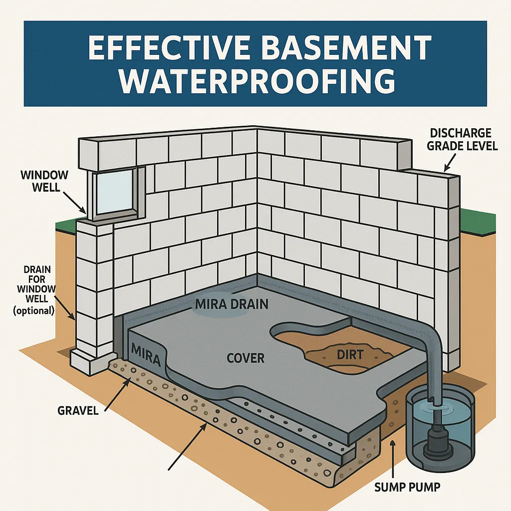 Effective basement waterproofing diagram showing components like window well, Mira drain, sump pump, and gravel, illustrating methods to prevent water intrusion in Hackensack, NJ homes.
