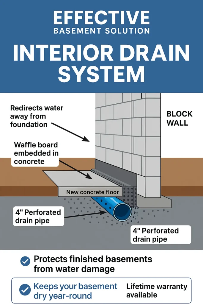 Interior drain system diagram illustrating water redirection away from the foundation, featuring a block wall, perforated drain pipes, and a new concrete floor, emphasizing effective basement waterproofing solutions.