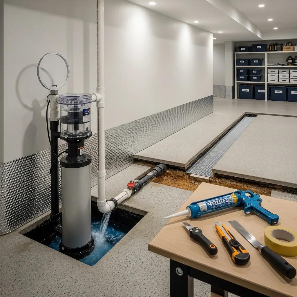 Basement waterproofing setup with sump pump and waterproofing materials | effective basement solutions