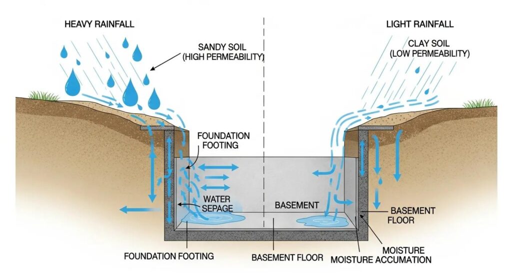 Diagram showing how rainfall and soil type influence basement moisture around a foundation | effective basement solutions