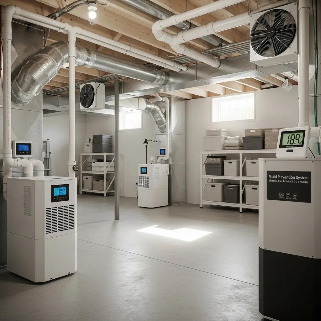 Clean basement environment featuring mold prevention measures, including dehumidifiers, ventilation systems, and humidity monitoring, promoting a healthy living space.