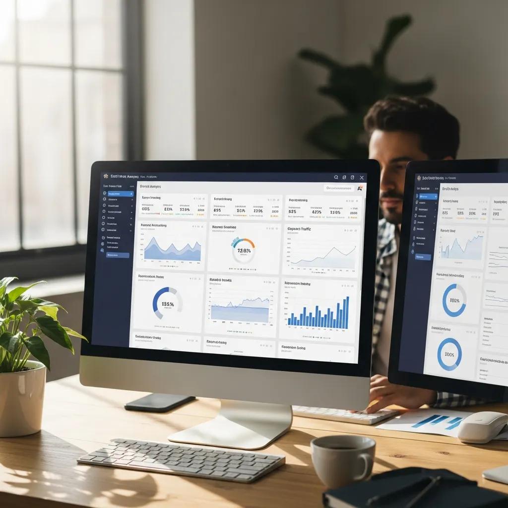 Close-up of computer screen displaying SEO analytics tools and data visualizations, illustrating metrics for website performance and user engagement in a modern office setting.