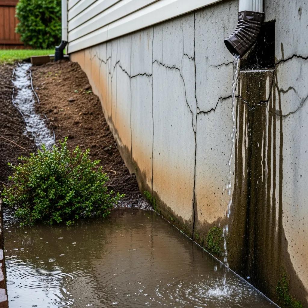 Cracked foundation wall with water pooling at the base, illustrating common sources of basement leaks and moisture issues related to water intrusion in homes.