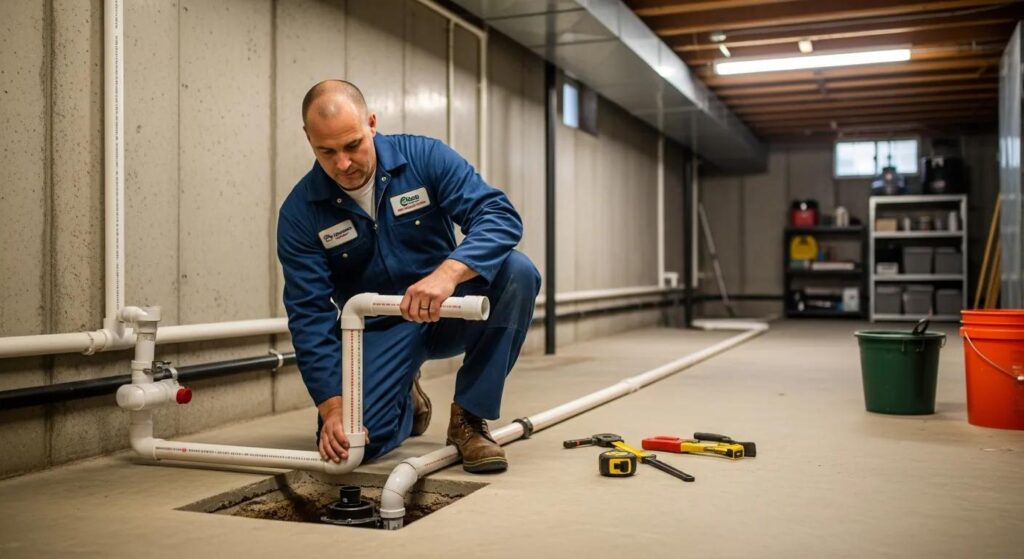 Professional technician installing sump pump system in basement, ensuring proper drainage and moisture control, surrounded by plumbing tools and equipment.