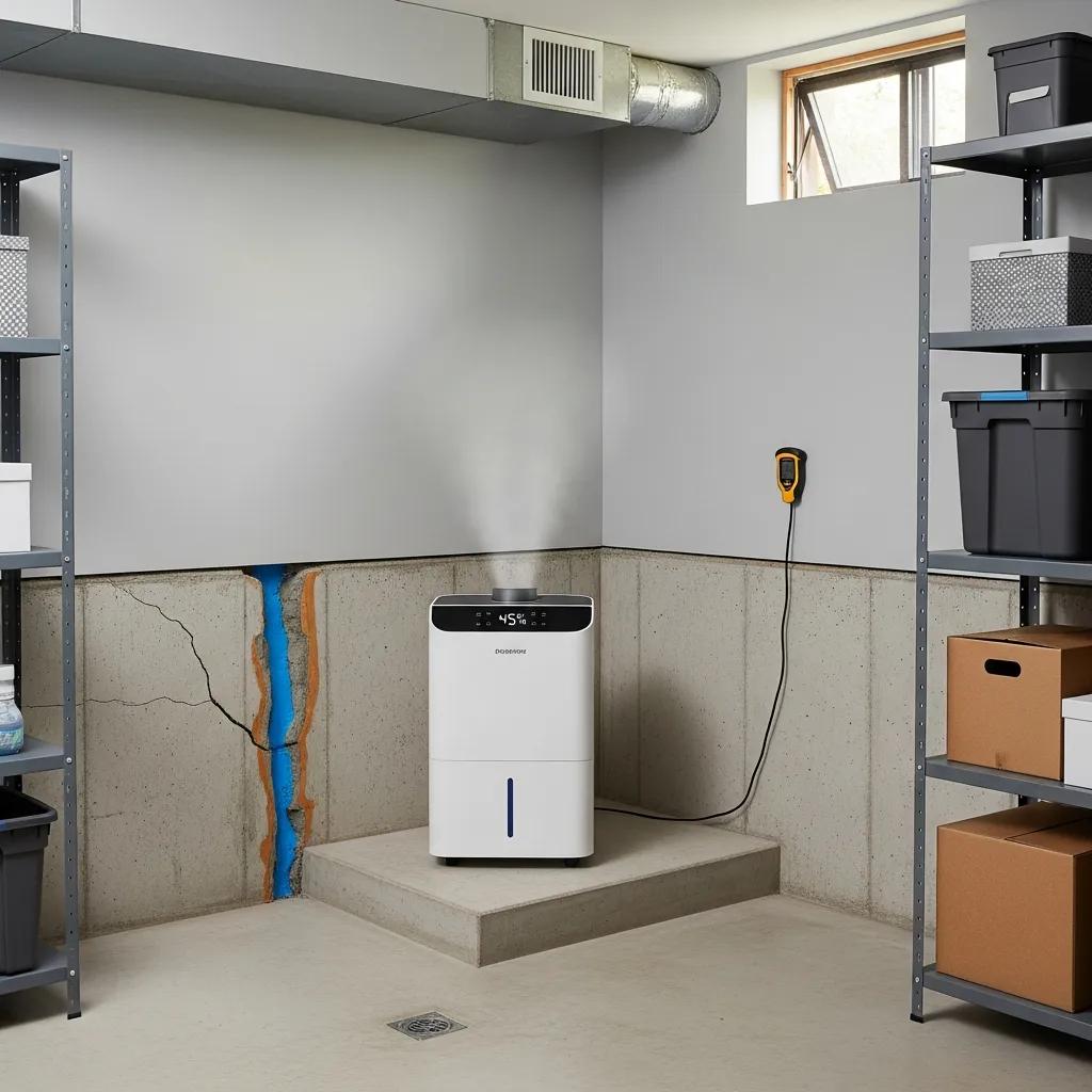 Dehumidifier in a basement setting demonstrating effective moisture control strategies for mold prevention, with visible foundation crack and storage shelves.