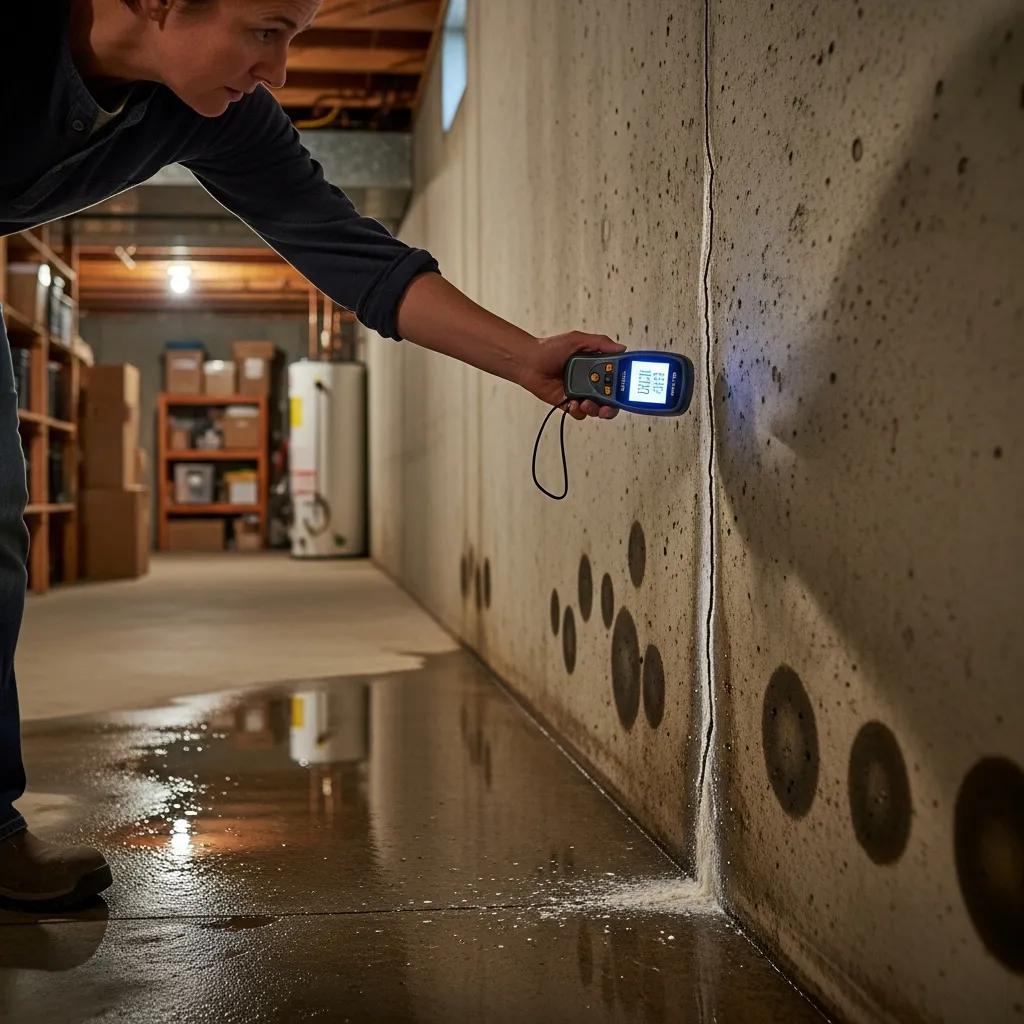 Homeowner using a moisture meter to inspect basement wall for leaks, with visible damp spots and water pooling on the floor, highlighting early detection of moisture issues.