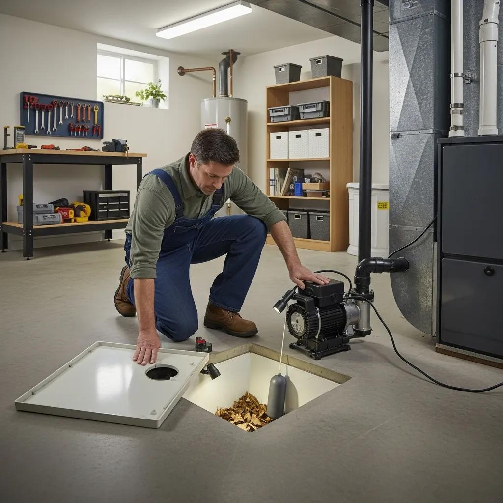 Homeowner performing maintenance on a sump pump in a clean basement, checking the sump basin and pump functionality to prevent flooding and moisture issues.