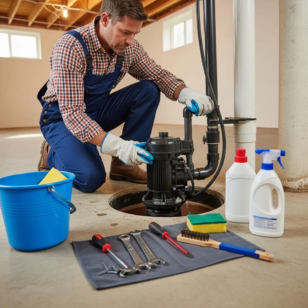 Homeowner performing maintenance on a sump pump in a residential basement, surrounded by cleaning supplies and tools, emphasizing the importance of regular upkeep for sump pump reliability.