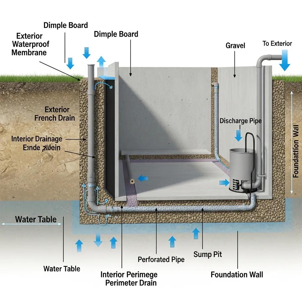 Illustration of basement waterproofing methods, including exterior waterproof membrane, interior drainage system, sump pump, and French drain, highlighting water management solutions for Millburn homes.