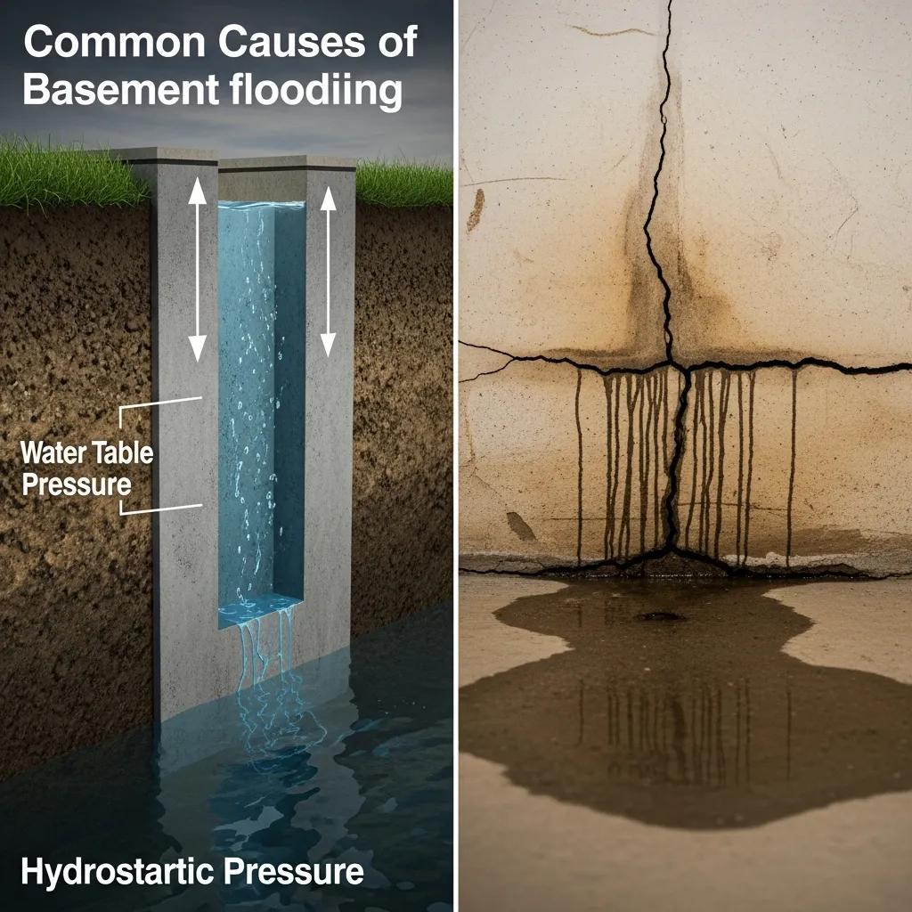 Illustration of common causes of basement flooding, including hydrostatic pressure and foundation cracks, with water intrusion depicted.