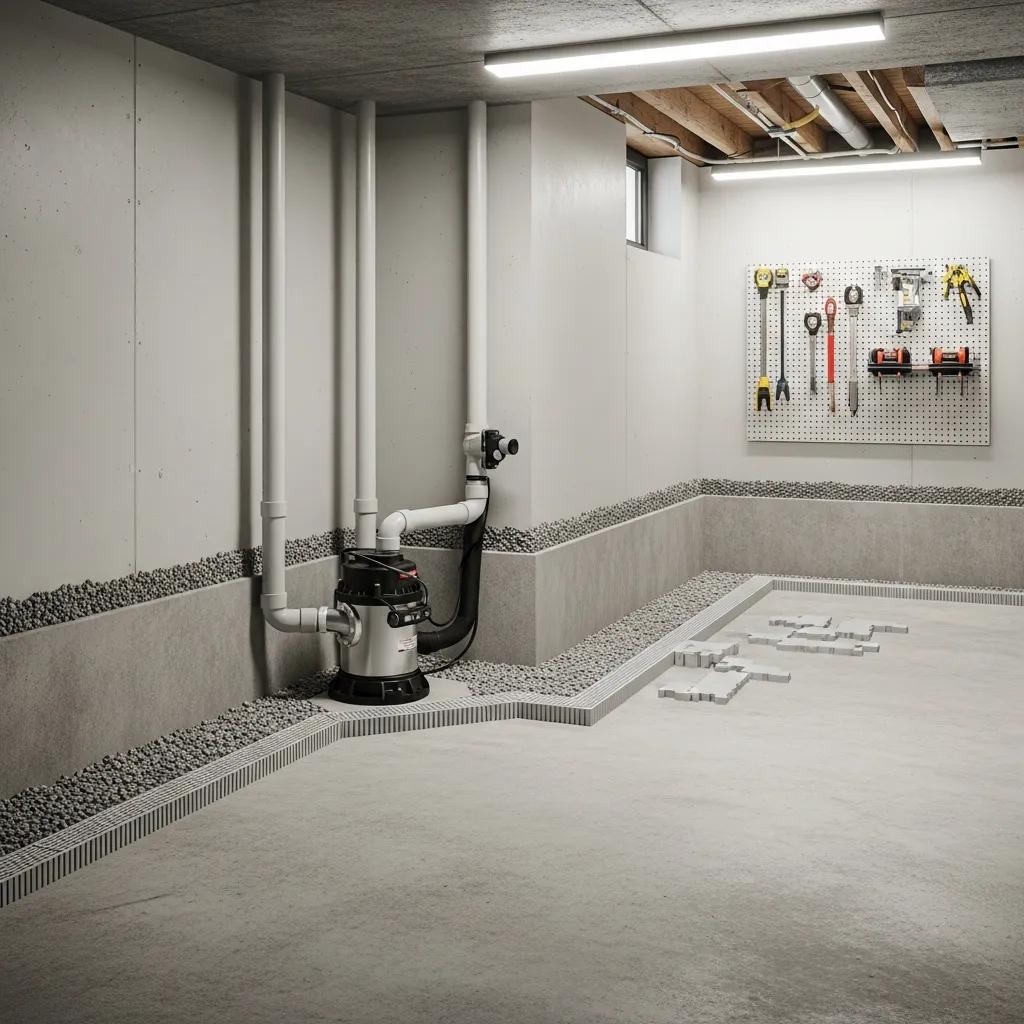 Modern basement waterproofing setup featuring a sump pump, drainage system, and organized tools on a pegboard, illustrating effective moisture control solutions for homeowners in Bernardsville, NJ.