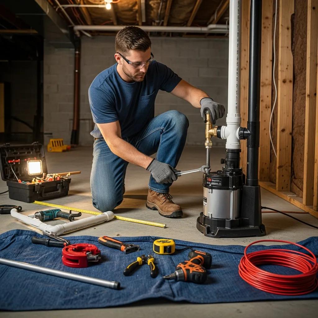Professional installing sump pump in basement, tools and equipment nearby, focused on flood prevention and moisture control.