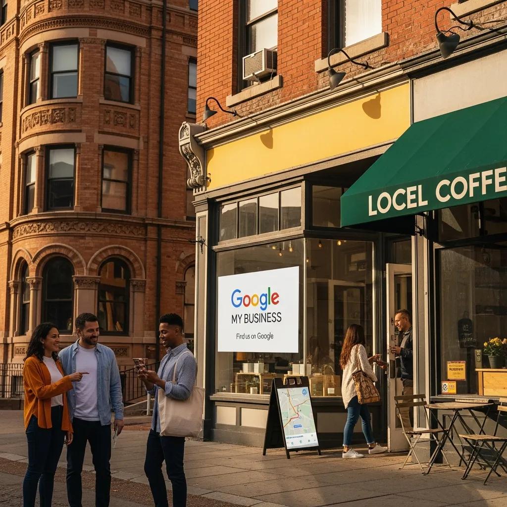Small business storefront with Google My Business sign promoting local SEO visibility, three people engaging outside, coffee shop setting.