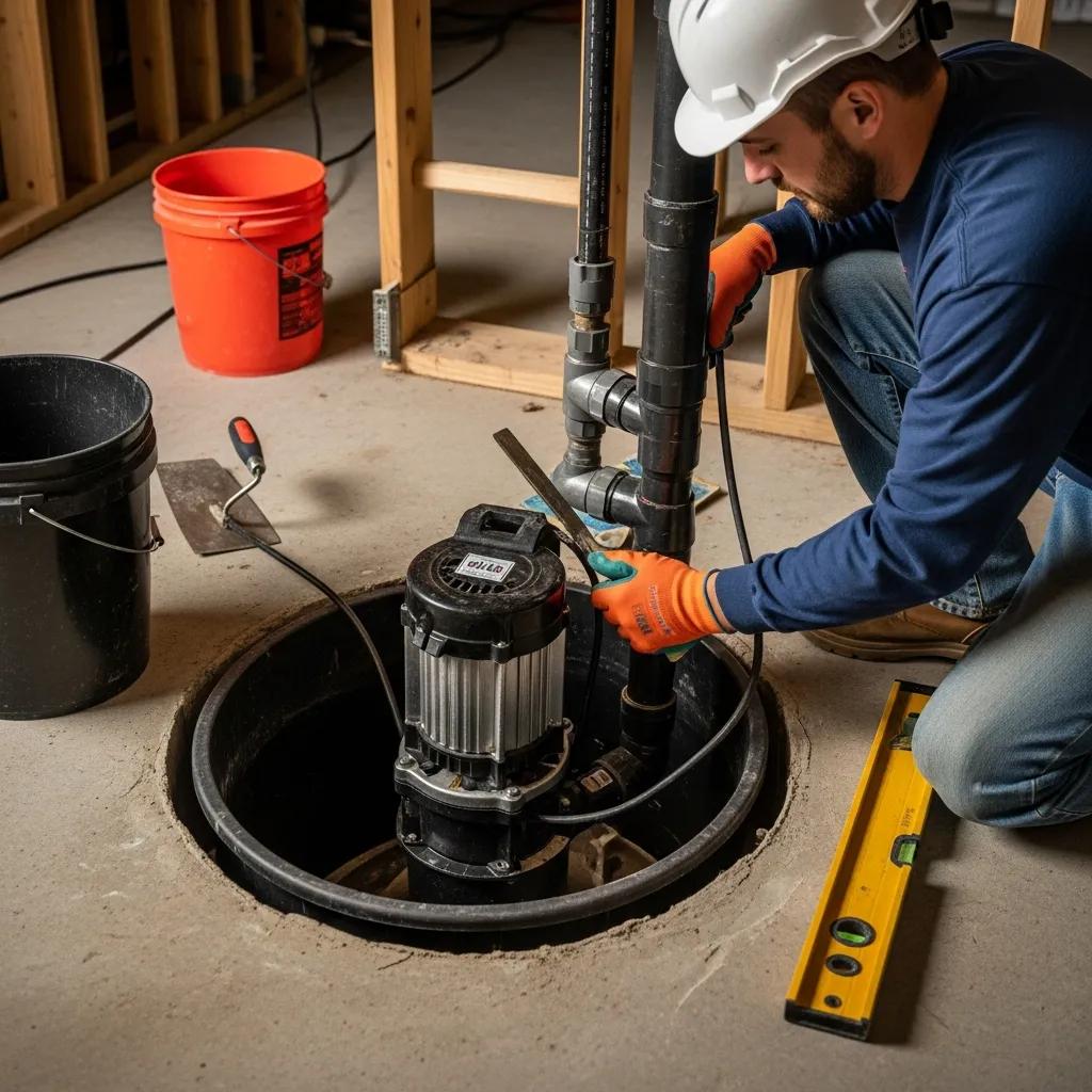 Sump pump installed in a basement sump basin with tools nearby | effective basement solutions