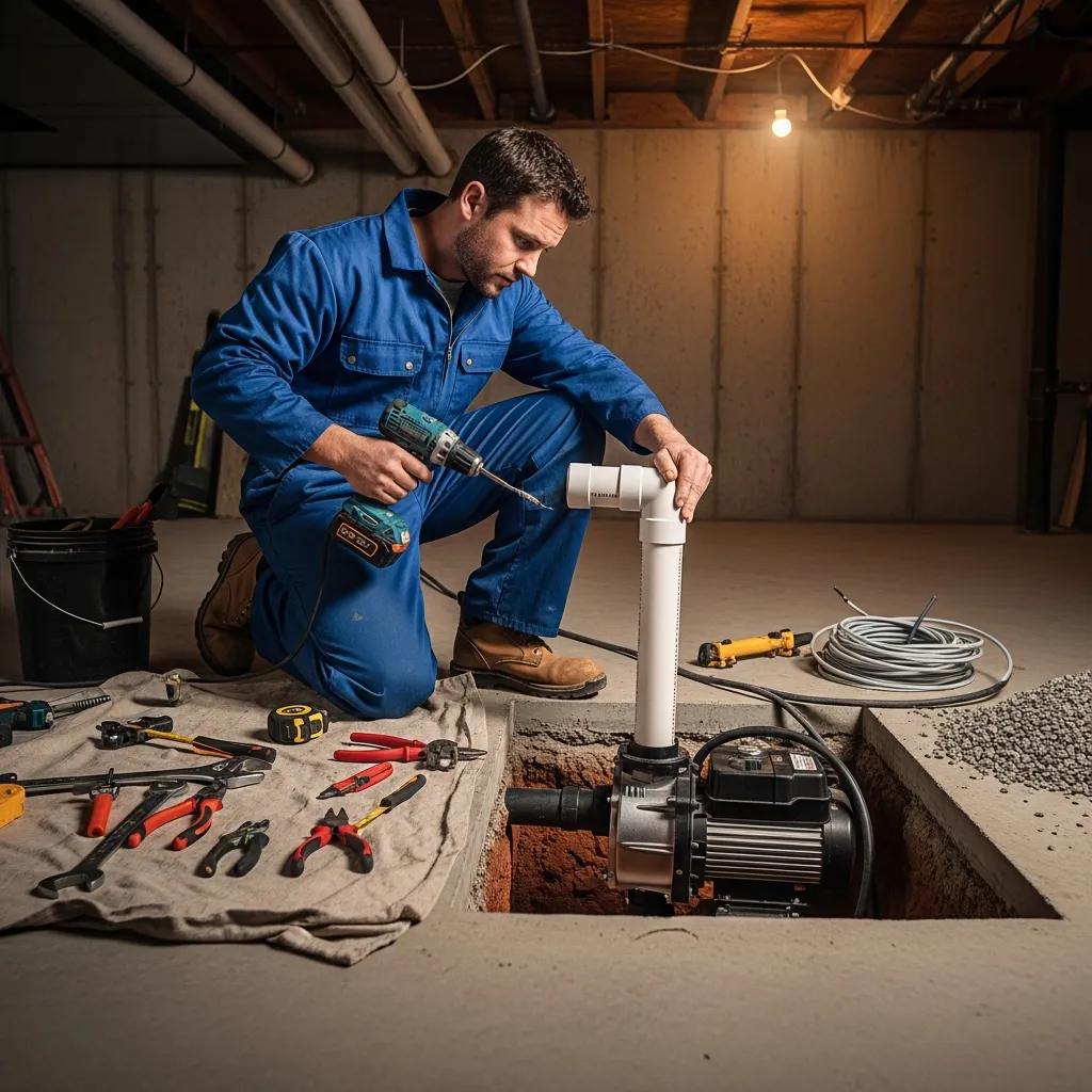 Technician installing a sump pump in a basement, demonstrating the installation process with tools and equipment surrounding him.