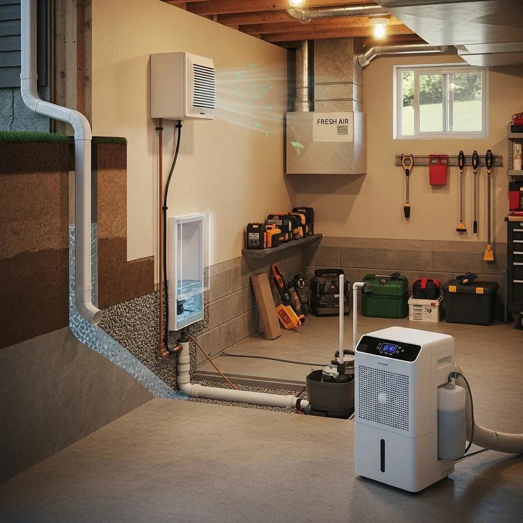 Basement interior featuring a dehumidifier and drainage system, illustrating effective moisture control methods for waterproofing.