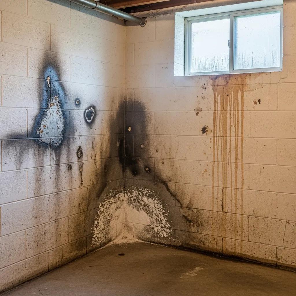 Visible signs of basement moisture issues, including damp spots, mold growth, and water stains on walls, indicating potential flooding risks.