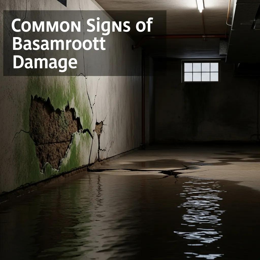 Common signs of basement water damage, including visible cracks, mold growth on walls, and standing water on the floor.