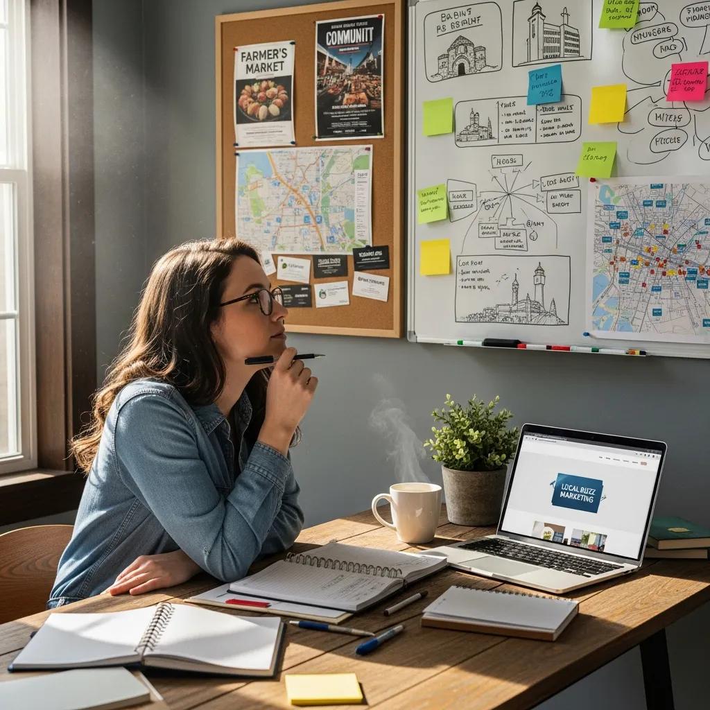 Content creator brainstorming marketing ideas in a cozy workspace with local elements | effective basement solutions