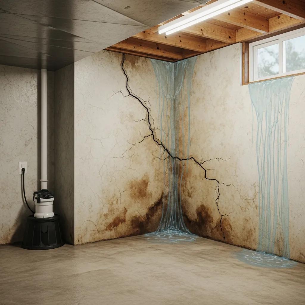 Basement showing signs of hydrostatic pressure with water stains and cracks