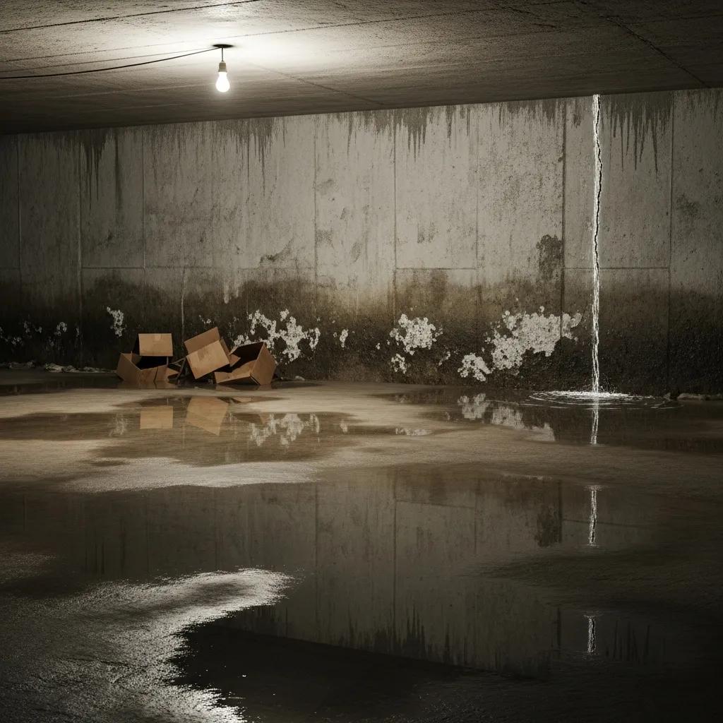 Basement showing signs of water intrusion with pooling water and damp walls highlighting common water problems | effective basement solutions | effective basement solutions