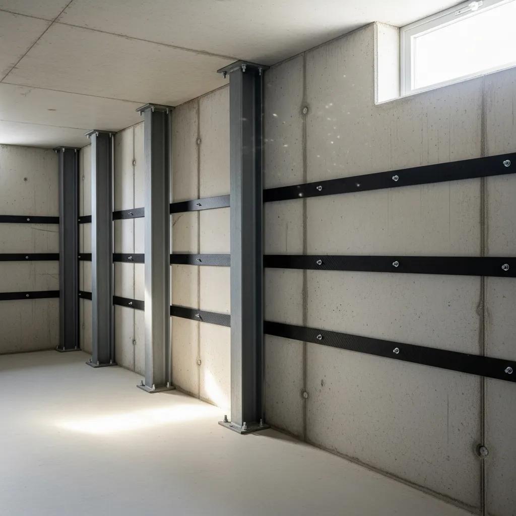 Basement wall bracing systems showcasing steel I-beams and carbon fiber straps for stability