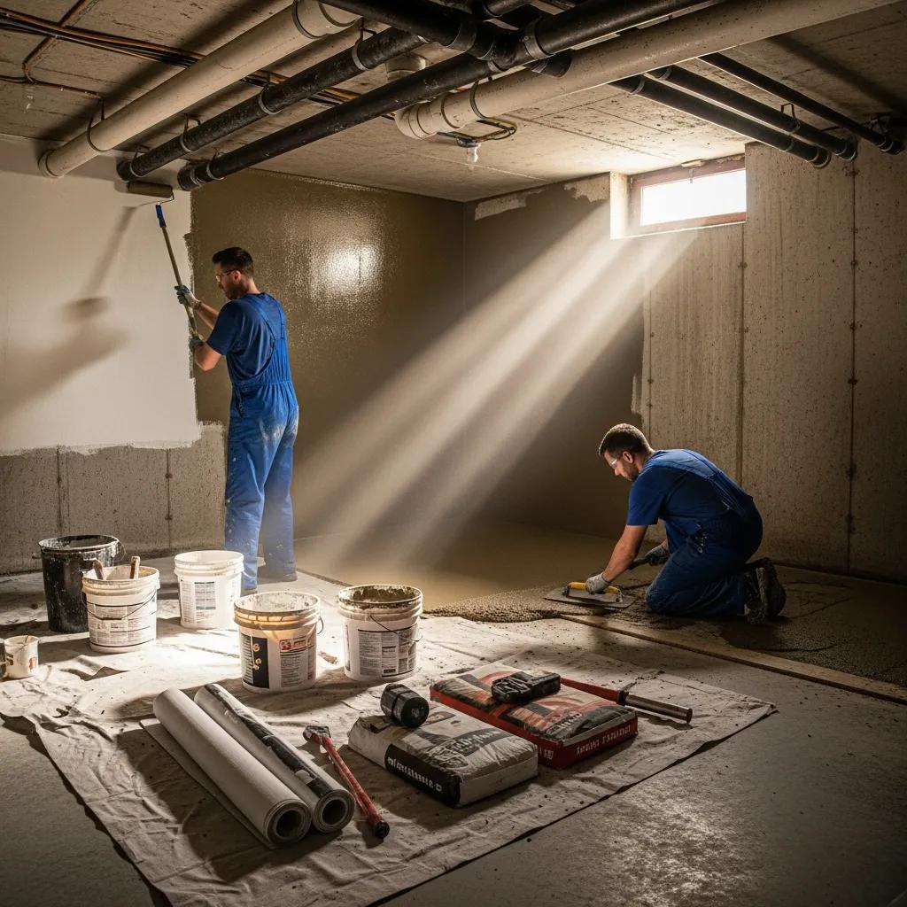 Basement waterproofing process with workers applying materials