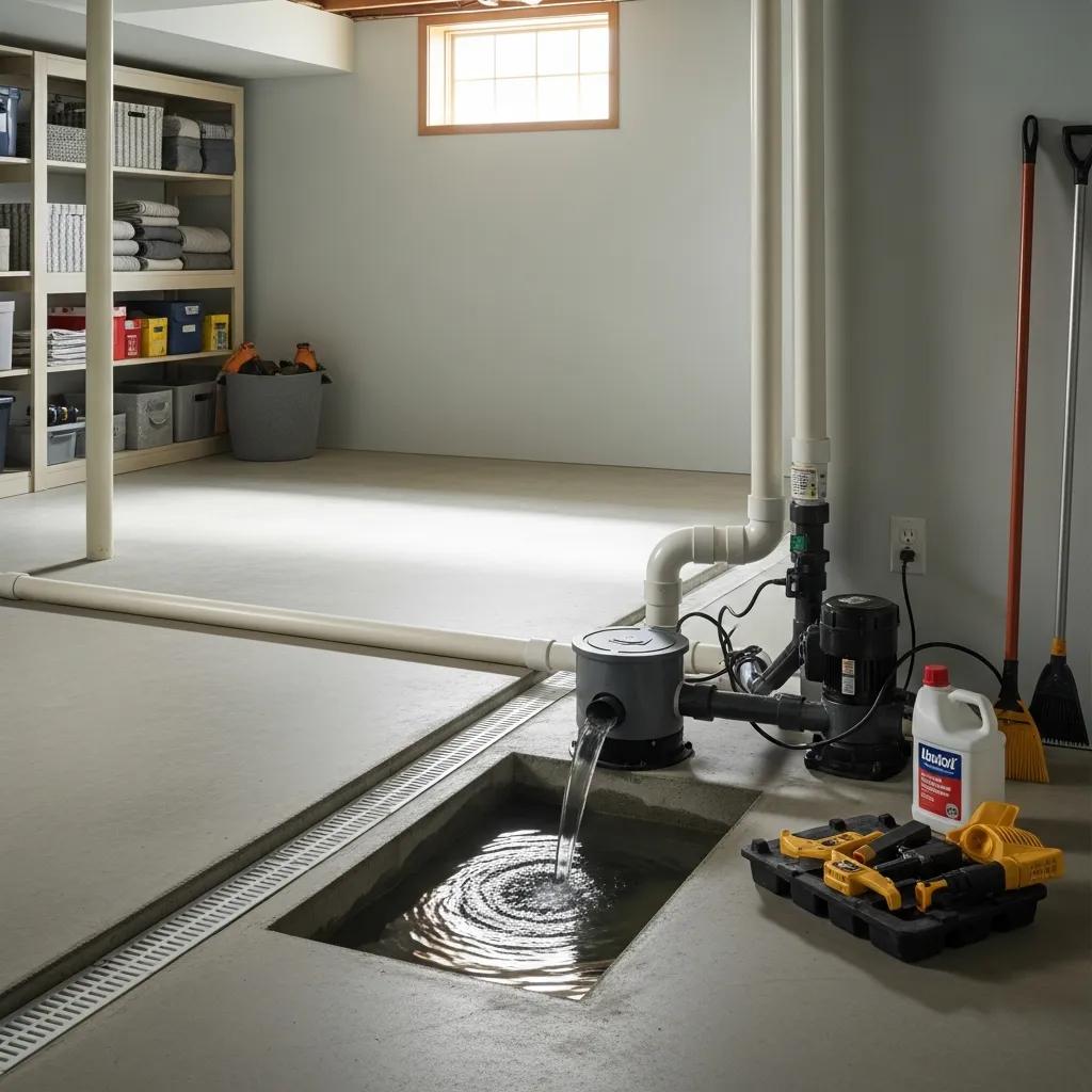 Basement waterproofing solutions including French drain and sump pump