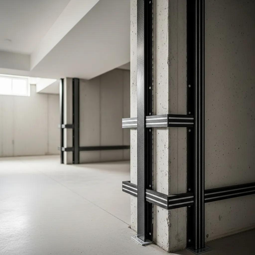 Carbon fiber straps installed in a basement for wall reinforcement