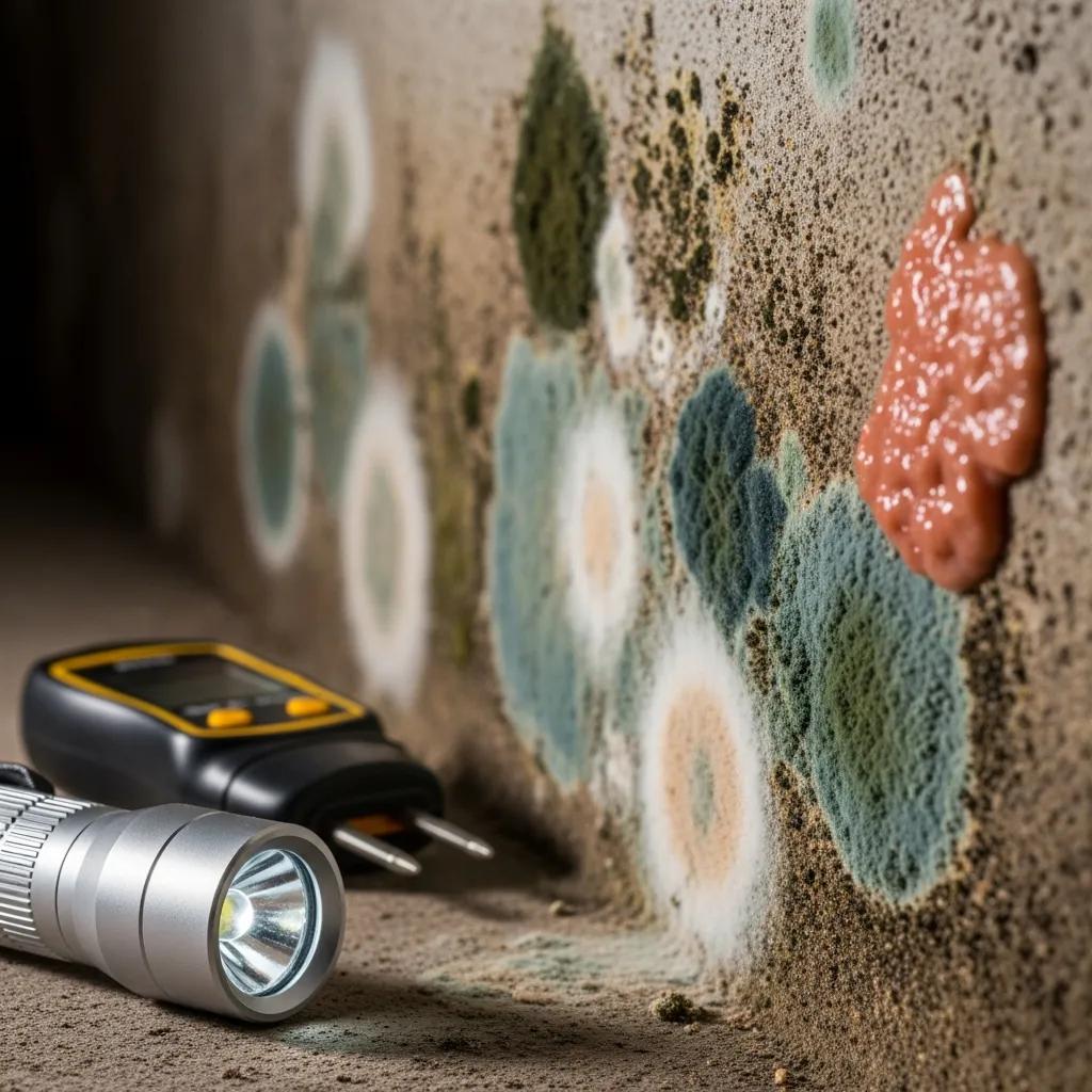 close-up-of-mold-growth-on-a-basement-wall-with-inspection-tools-8b1549ae-935d-45c8-8d1d-76a88b98679ewebp Close up of mold growth on a basement wall with inspection tools | effective basement solutions | effective basement solutions