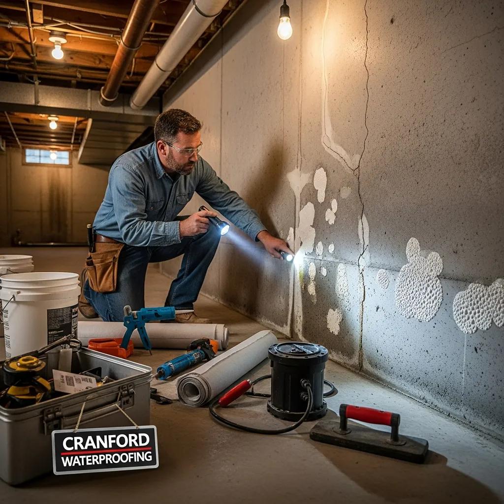 Contractor inspecting basement for waterproofing solutions in Cranford NJ