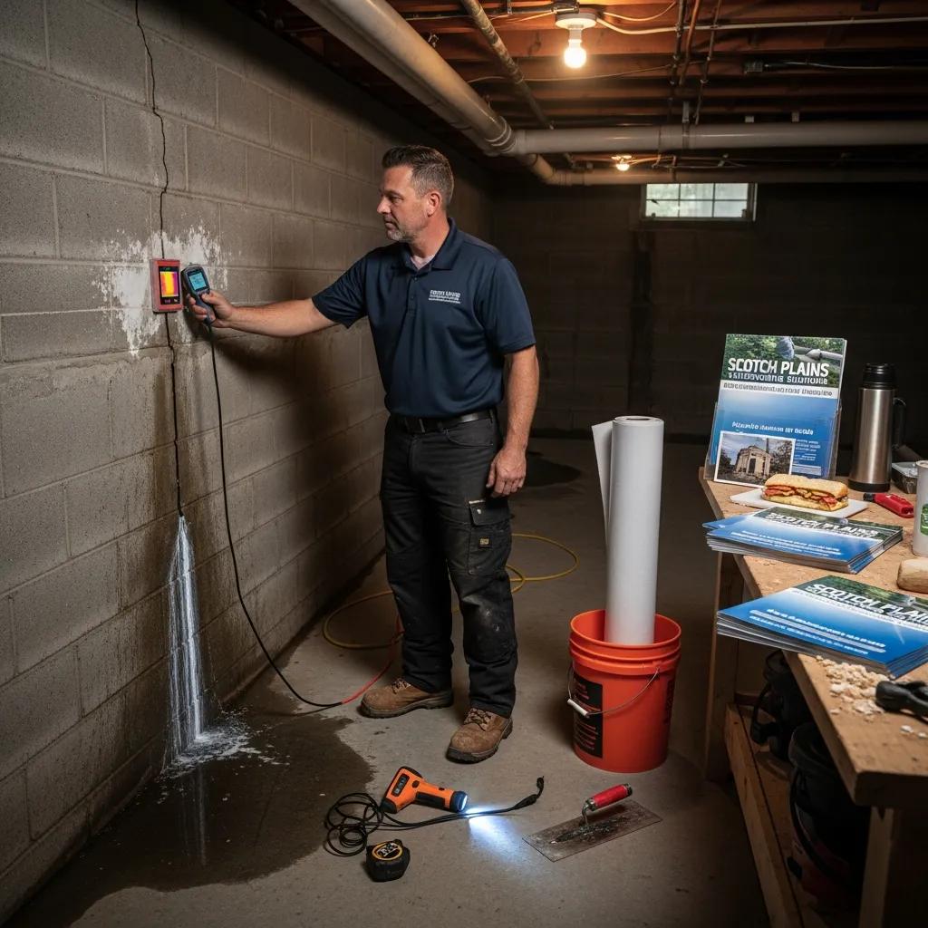 Contractor inspecting basement for waterproofing solutions in Scotch Plains NJ