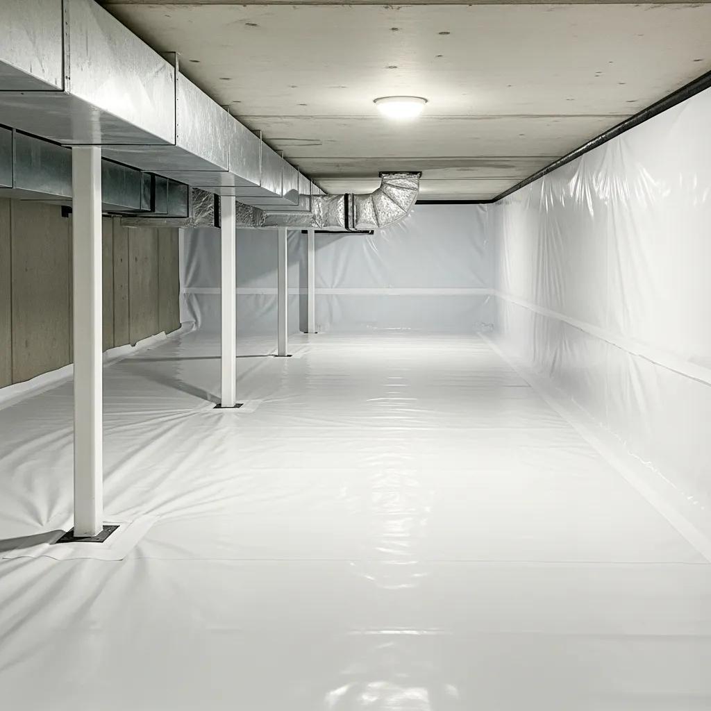 Crawl space encapsulation showcasing a clean, dry environment with a vapor barrier